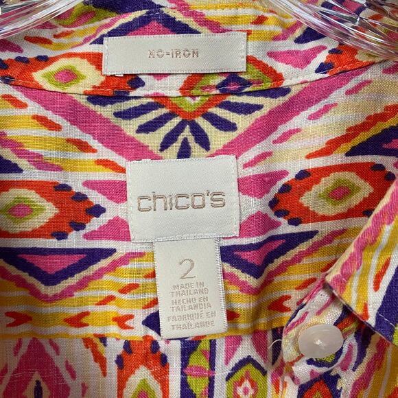 CHICO'S 2 100% Linen No-Iron Shirt Pattern Print Back Button Detail 3/4 Sleeves - Picture 3 of 10
